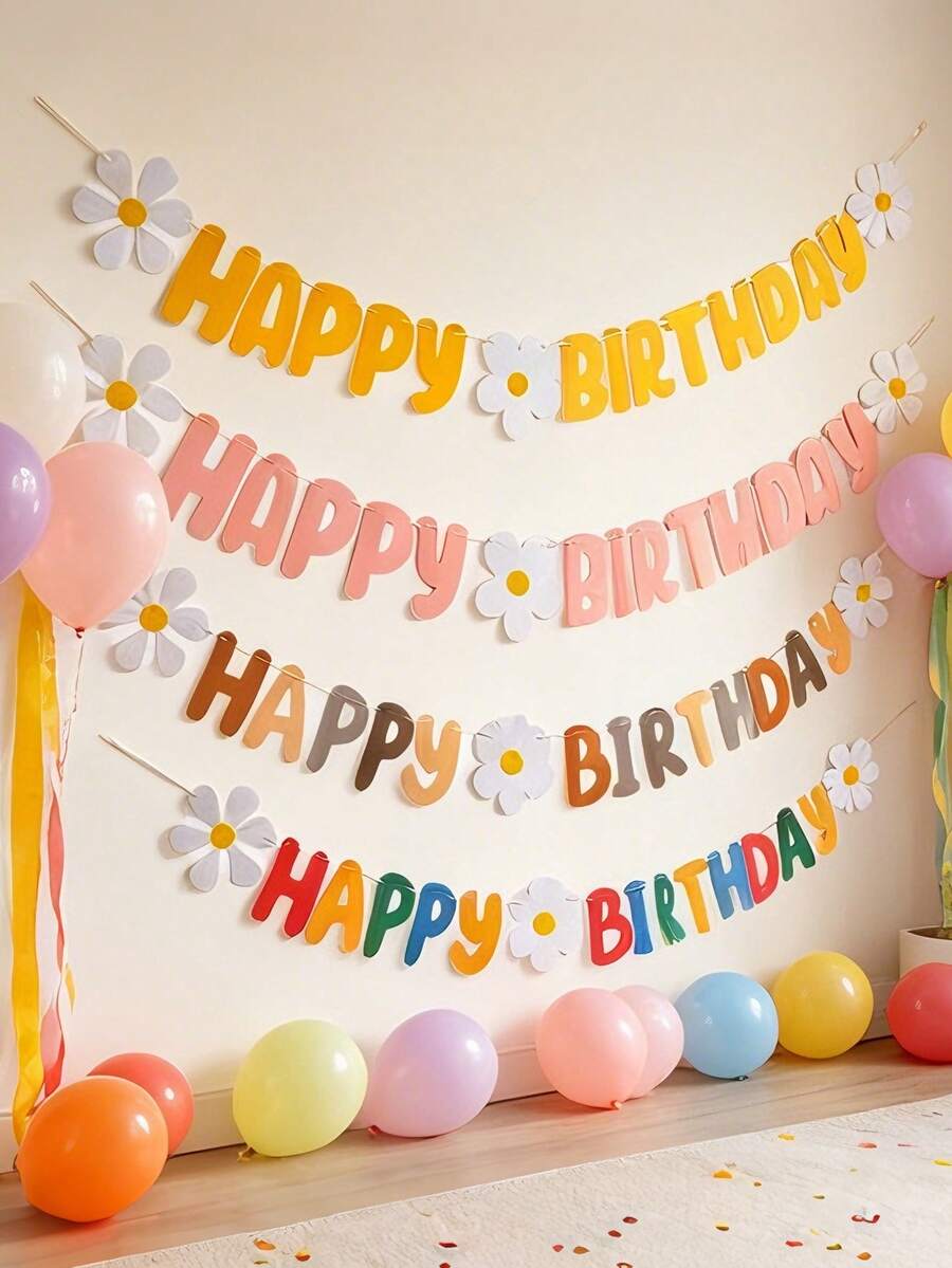 1 Set Floral Bunting, Colorful Flags, HB Happy Birthday Daisy Bunting, Mori Style English Happy Birthday Pink Bunting, Birthday Decoration, Suitable For Birthday Party, Theme Party, Anniversary - Raise the Flag - View 1