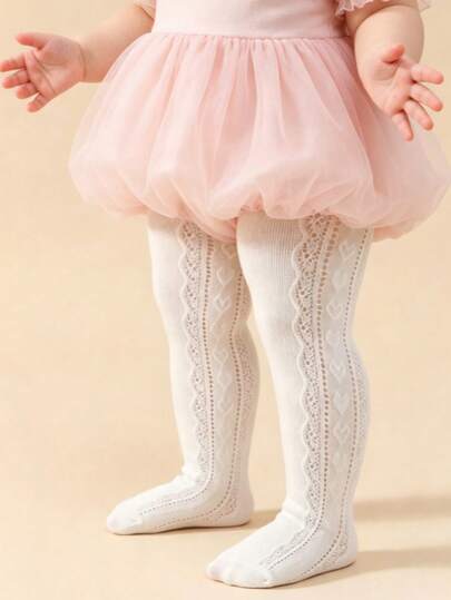 [Spring/Summer] 1pc Girl/Infant White Tights, Simple Cute Hollow Phoenix Tail & Heart Design, Classic Solid Color Mesh Breathable Lightweight Comfortable Footed Stockings, Fashion Soft Skin-Friendly High Elasticity Non-Constricting Anti-Snagging, Suitable For Daily Wear/Stage Performance/Party Gathering/Holiday Gift/Travel/Campus Outfit