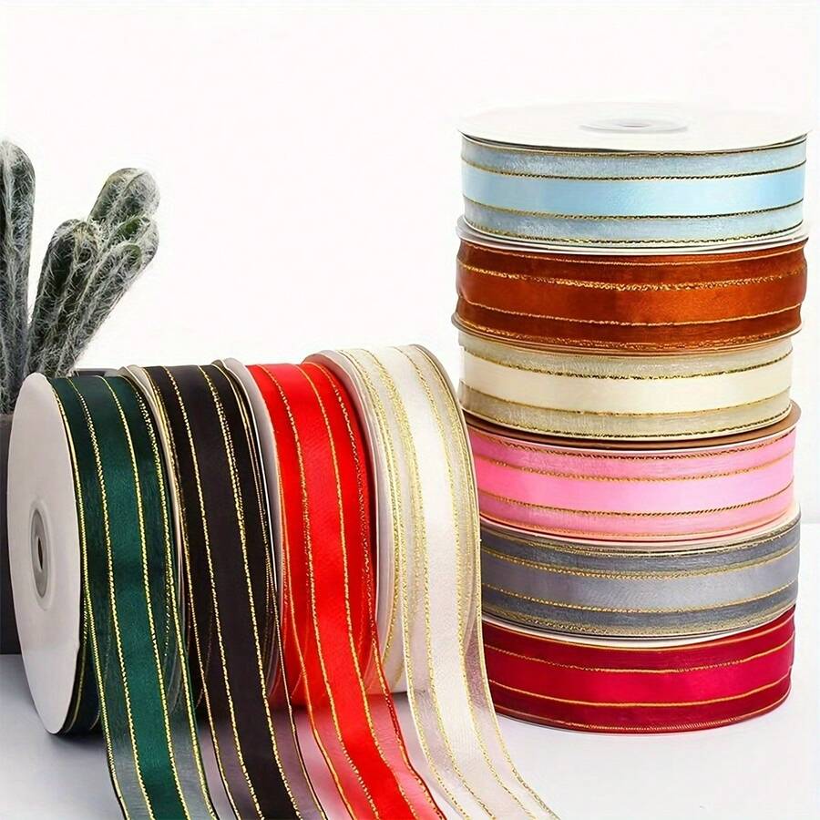 50yd Snow Gauze Ribbon With Fresh Flower Packaging Paper, Bouquet Ribbon, Satin Ribbon, Silk Ribbon, 2.5cm Wide, Cake Wrapping, Gift Floral Material - 50 Yards Gold-edged Ribbon - View 1
