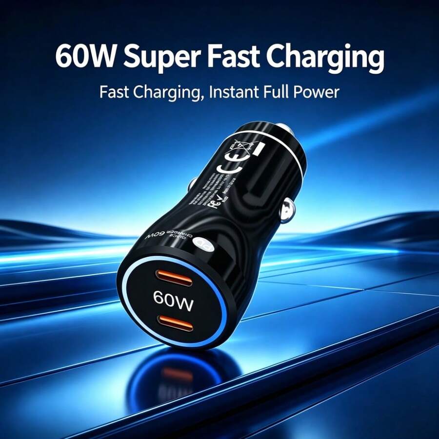60W USB C Car Charger – Dual Port PD 30W + 30W High-Speed Fast Charging Adapter, Ultra-Compact And Durable USB C Car Charger Compatible With IPhone And More – Black - Car Charger - View 1