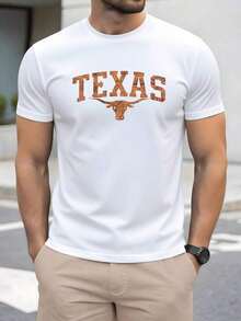 Image Representing The Strength And Cowboy Spirit Of Texas With A Longhorn Bull, Symbol Of Southern Pride. Men's Plus Size T-Shirt, 100% Cotton, Comfortable And Modern For Everyday Wear. - 白色 - 查看 1