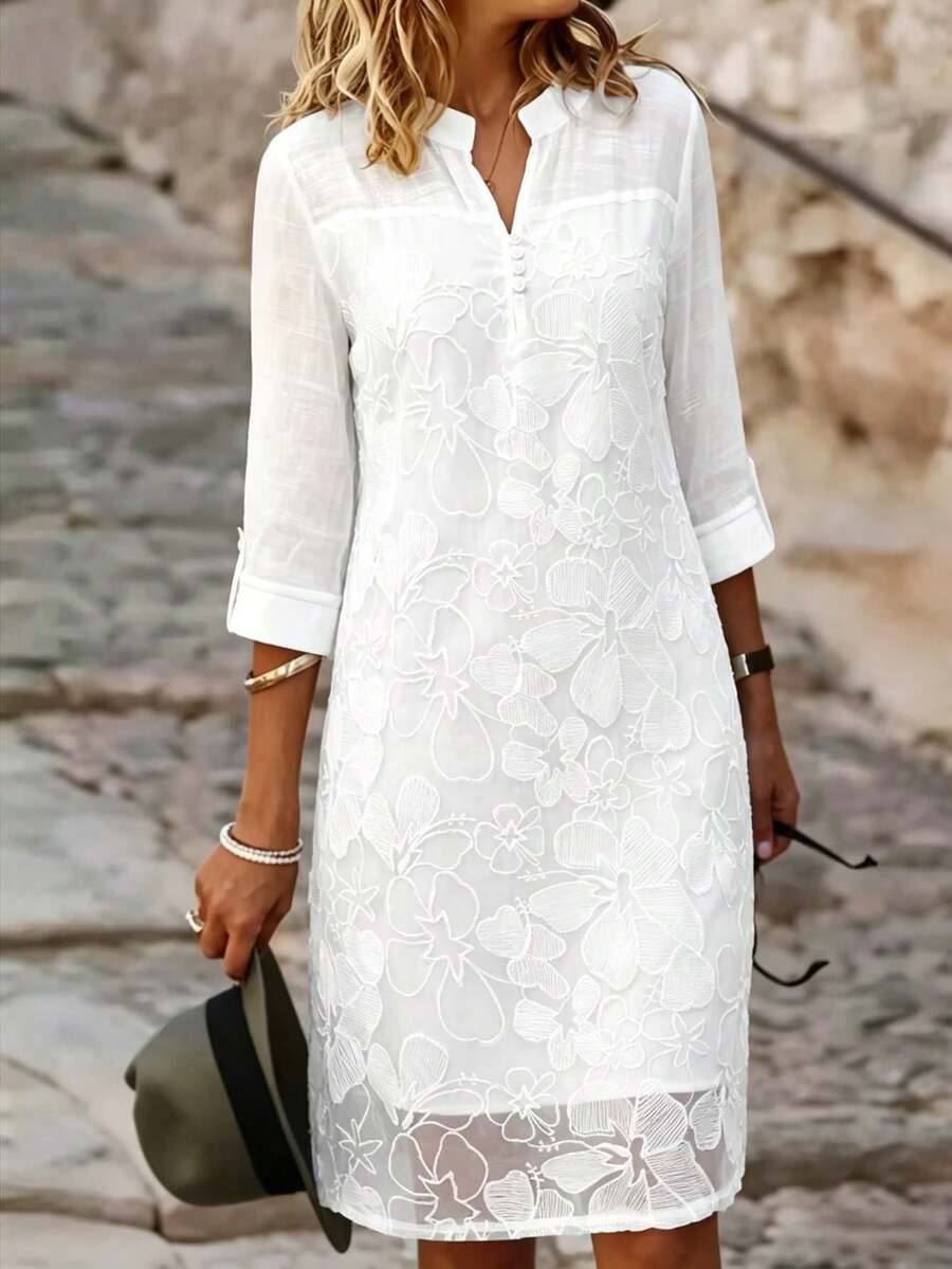 Solid Color Elegant Bohemian Party Dress With Embroidered Applique Mesh Patchwork White - White - View 1