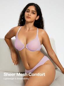 Deyllo Women's Front-Closure Deep V Bra, Sheer Unpadded Underwire, Lightweight Breathable Racerback, Suitable For Elegant Everyday Wear - Dusty Purple - View 4