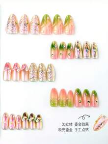 NAIO 10片裝 3D液態蝴蝶與寶石珍珠裝飾漸層亮粉設計，亮面粉色與綠色全覆蓋穿戴甲，仙氣花卉精靈風，適合杏仁形指甲，適合女性與女孩日常與派對佩戴 - 彩色 - 查看 4