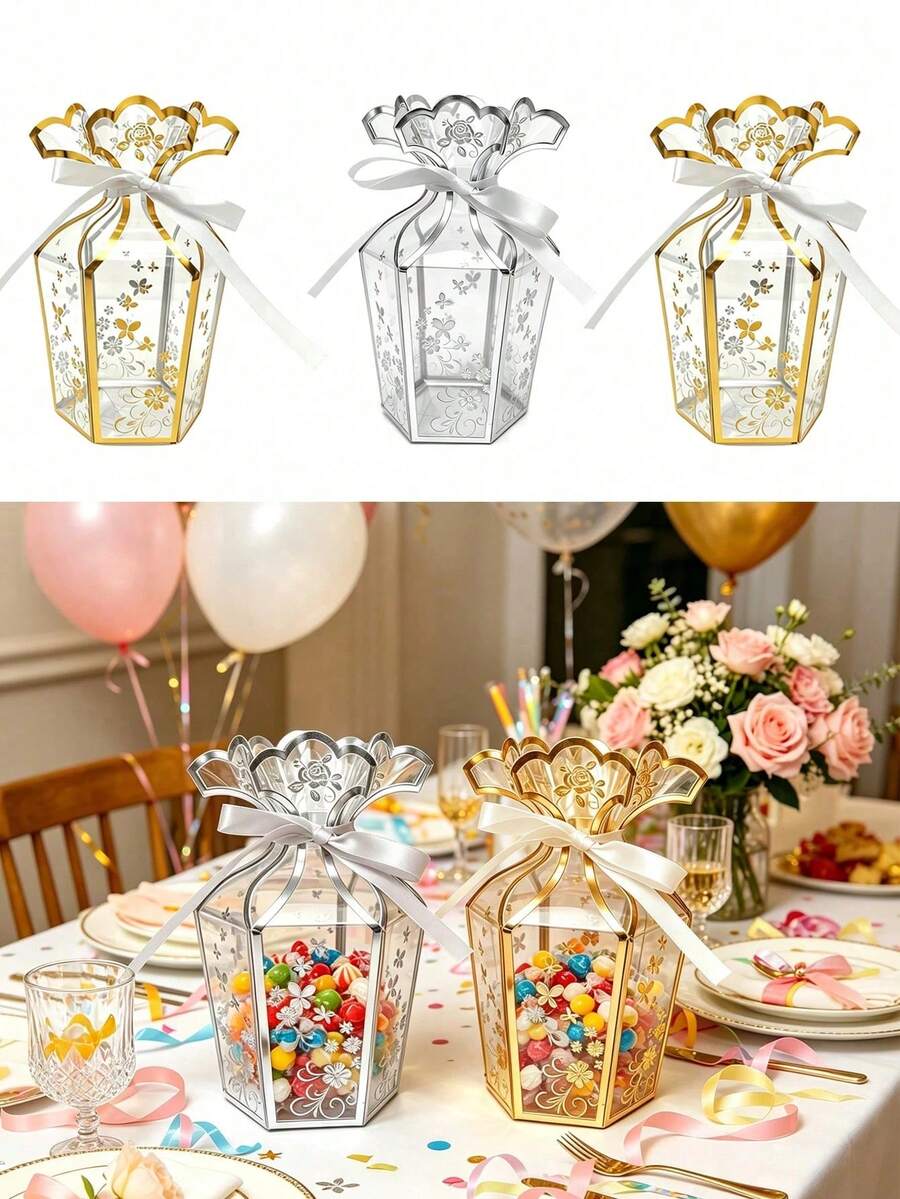 10/5/1pc Transparent Heat-Pressed Floral Pattern Vase Gift Box, PVC Party Favor Box, Chocolate Packaging Box, Wedding Candy Box, Birthday Party Gift Box, Creative Handheld Gift Box