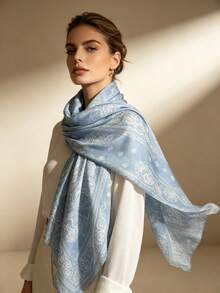 Moemton Light Blue And White Paisley Print Silk Scarf, French Riviera Coast Style Shawl, Soft Vacation Accessory - Blue - View 6
