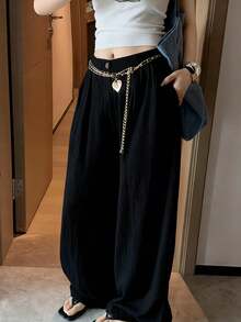 女款舒適休閒亞麻長褲，透氣面料附口袋，黑色 - 黑色 - 查看 4