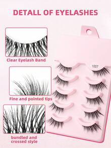 5 Pairs Half Eyelashes With Transparent Stem, Tapered Tail, Fine Eye Extension, Suitable For Girls' Daily Light Makeup - Black - View 2