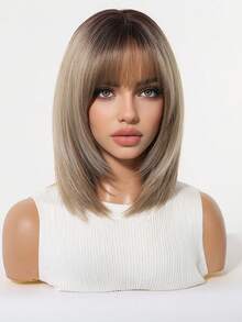 12 Inch Deep Root Light Brown Straight Bob Wig, Lightweight Soft Synthetic Fiber, Full Face Framing Bangs, Comfortable Adjustable Wig Cap, Suitable For Daily Commute, Vintage Photoshoot, Holiday Cosplay, Costume Party, Women's Fashion Synthetic Wig - Brown Ombre - View 4