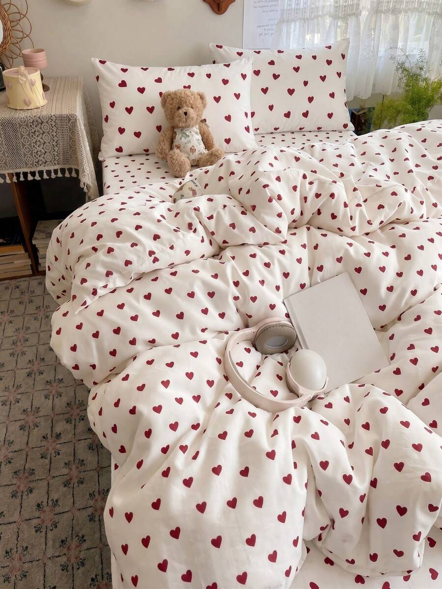 Set Sprei Selimut Motif Hati Merah & Putih Gaya Minimalis Ins 2/3pcs, Lembut, Bernapas, Anti Kerut, Nyaman untuk Tidur Nyenyak, Gaya Hotel Mewah, Hadiah untuk Orang Tua & Teman, Desain Dua Warna Bolak-balik, Selimut*1 + Sarung Bantal*1/2 - Red and White - View 1