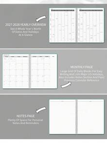 BUBU 1件 2027-2028月曆計畫本，2年期螺旋裝訂桌曆筆記本，含備註區與3頁貼紙頁，大書寫空間，月計畫筆記本，辦公桌配件，返校用品，大學必需品，房間裝飾 - 黑色 - 查看 1
