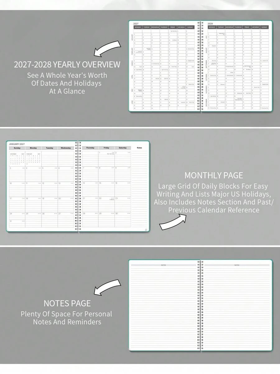 BUBU 1件 2027-2028月曆計畫本,2年期螺旋裝訂桌曆筆記本,含備註區與3頁貼紙頁,大書寫空間,月計畫筆記本,辦公桌配件,返校用品,大學必需品,房間裝飾 - 黑色 - 查看 1