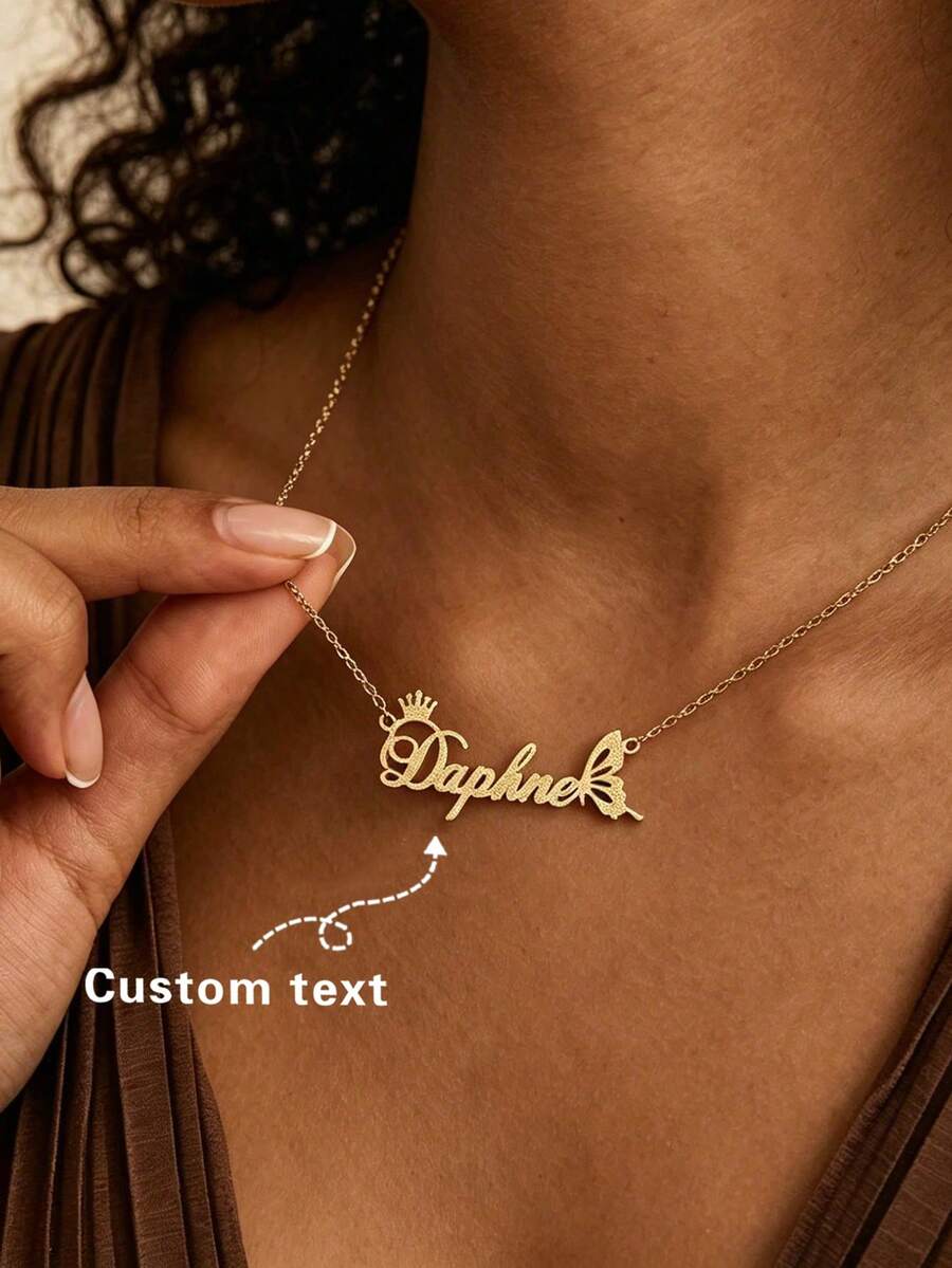 Personalized Luxurious Sexy Crown Butterfly Versatile Letter/Name Cutout Gold Necklace, Gift For Friends, Family, Lover, Birthday, Holiday, Anniversary, Suitable For Vacation And Party - Matte Gold - View 1