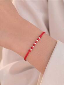 1pc S925 Sterling Silver Red Cord Adjustable Bracelet, Gentle Vibe, Versatile For Daily Commute, Minimalist Niche Chic, New Chinese Style, Gift For Best Friend Or Couple - Beads - View 7