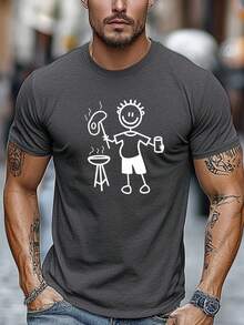 Men's BBQ Pattern Summer Casual Crew Neck Short Sleeve-Shirt - White - View 3