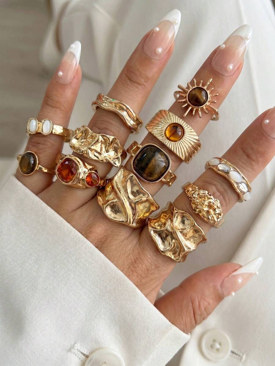 Set 13 buah Cincin Minimalis Desain Niche Emas Bunga Matahari Akrilik Gaya Prancis Klasik Cincin Jari Cincin Vintage Mewah untuk Wanita Cocok untuk Pesta, Acara Kumpul-kumpul, Hadiah untuk Teman dan Keluarga, Pemakaian Sehari-hari - MultiWarna - View 1