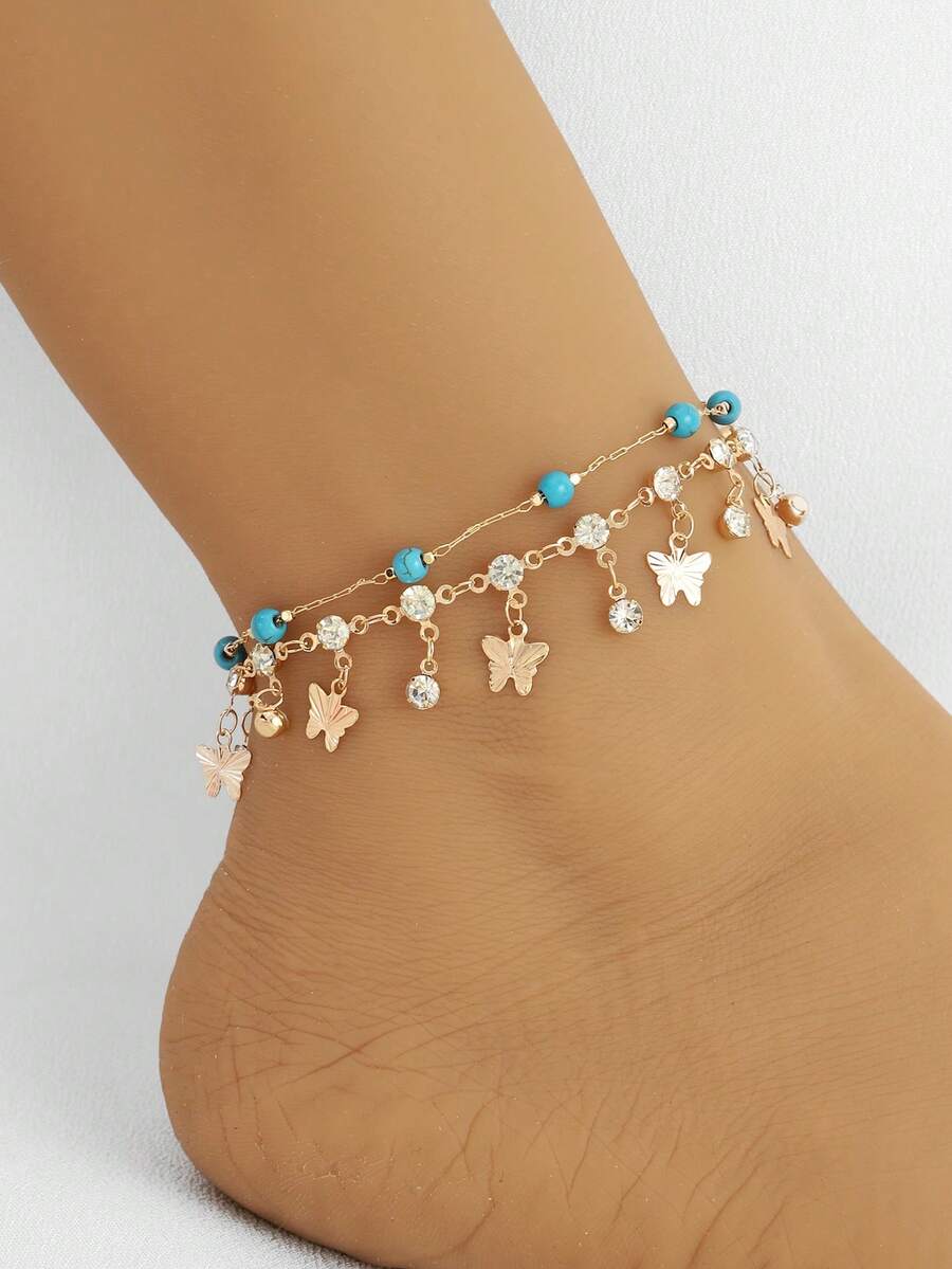 2pcs/Set Turquoise Anklet With Butterfly, Rhinestone Tassel, Perfect For Summer Daily/Beach Vacation, Western Jewelry - one-size - View 1