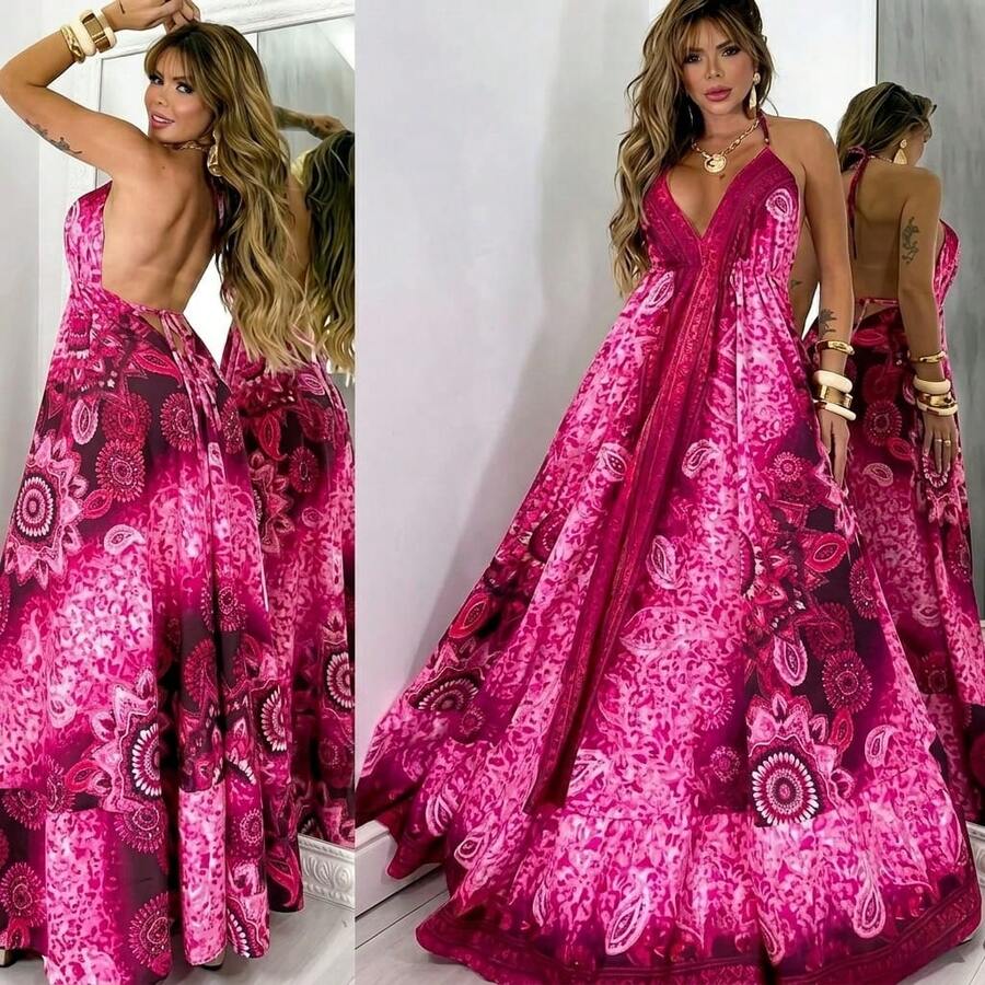 Dress, Random Print, Fabric, Backless / Bare Back, Beach - INTENSE PINK - View 1