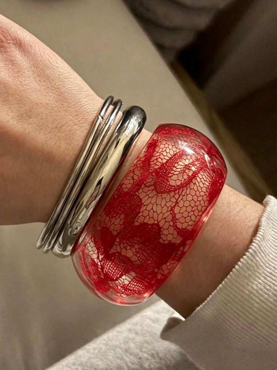 4件組紅色蕾絲樹脂金屬手鍊套組,性感百搭女款日常首飾,適合派對與度假 - 彩色 - 查看 1