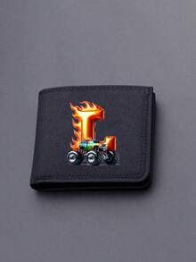 1pc Back To School Mini Cute Cartoon Personalized Fun 26 Excavator Construction Vehicle Flame Letter Print Bifold Wallet, Multiple Card Slots Inside, Can Hold Bank Cards, ID Cards, Cash, Meets Daily Travel Storage Needs. Suitable As Fan Gift, Birthday Small Gift. - Black - View 35