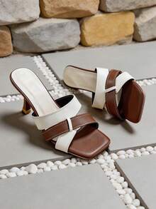 Women Square Toe Slide Sandals Color Block Cross Strap Design Slim Heel Stable Lightweight Commuting Casual - White - View 3