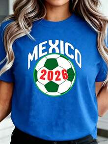 Women's Casual Blue Cotton Mexico 2026 Football Print Short Sleeve Round Neck T-Shirt - 藍色 - 查看 1