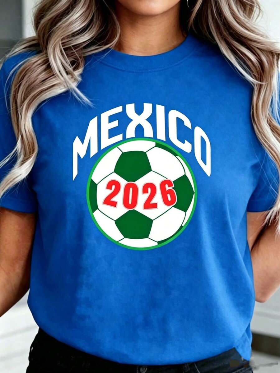 Women's Casual Blue Cotton Mexico 2026 Football Print Short Sleeve Round Neck T-Shirt - 藍色 - 查看 1