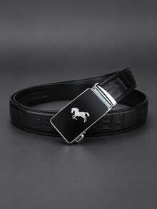 Premium Business Horse Logo Men's Automatic Buckle Leather Belt, High-Quality Texture, Ideal Gift Choice, Black And Brown Dual Colors Available - Multicolor - View 4