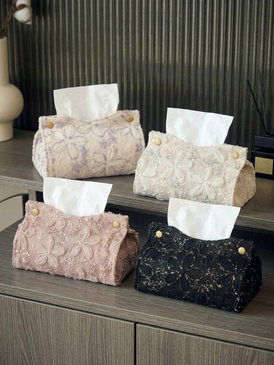 Elegant Embroidered Tissue Box, Floral Sequin Pattern Tissue Storage Bag, High-End Large Capacity Storage Bag, Bathroom Bedroom Home Essential Toilet Paper Storage Box, Car Tissue Box, Tissue Decorative Box - Multicolor - View 1