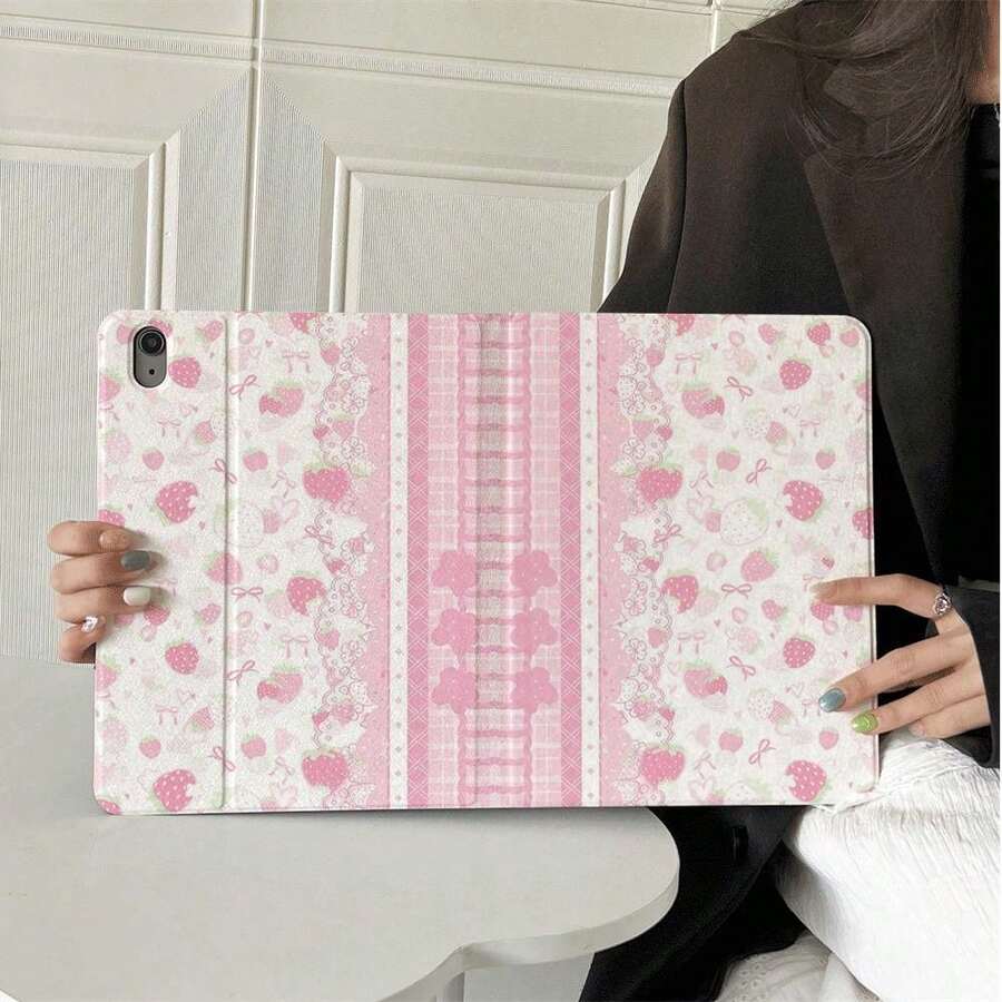 1件粉白蕾絲格紋草莓拼接三折平板保護殼，相容 iPad Air 6/5/4 & 10 (10.9 吋)/Pro 2024、Air M3/A16 2025，相容 Galaxy Tab S9 FE/S8 Plus/S7/S10、Oppo Pad、 MatePad、Vivo Pad、Honor Pad、 Xiaoxin Pad - 彩色 - 查看 1
