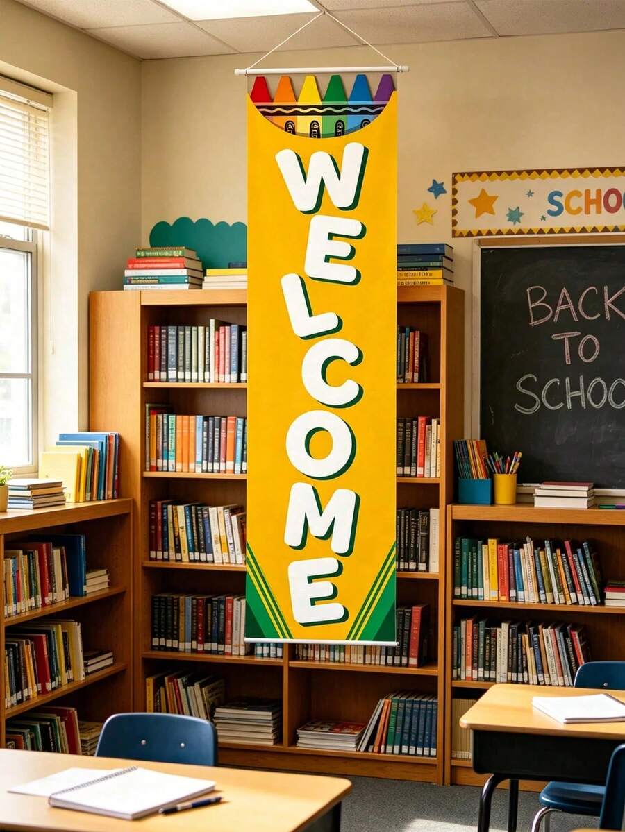 1pc "Back To School Welcome" Banner, Suitable As Welcome Sign, Background Decoration, Party Supplies And Photo Props For Kindergarten And Elementary School First Day Of School. This Colorful Vertical Classroom Welcome Banner Helps Create A Warm, Welcoming And Inclusive Classroom Atmosphere. - Multicolor - View 1