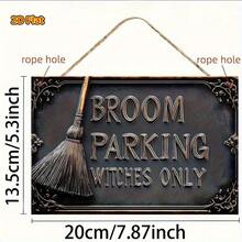 2D Plano - 1 pieza Placa de madera con diseño gráfico impreso, Placa de pared de madera, Estilo vintage "Solo estacionamiento de escoba de bruja". Esta decoración rústica de Halloween presenta un diseño de sombrero de bruja y escoba, con una apariencia similar a la madera, adecuada para el hogar, bar, cafetería - Negro y gris - Ver 2