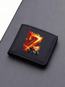 1pc Back To School Mini Cute Cartoon Personalized Fun 26 Excavator Construction Vehicle Flame Letter Print Bifold Wallet, Multiple Card Slots Inside, Can Hold Bank Cards, ID Cards, Cash, Meets Daily Travel Storage Needs. Suitable As Fan Gift, Birthday Small Gift. - Black - View 29