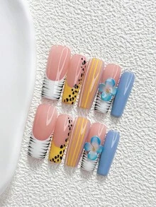 10件多巴胺風手工穿戴甲，Polygel美甲套組，復古豹紋，藍色、黃色與棕色指甲油，甜美風格，含美甲工具，3種尺寸可選，杏仁形、鴨嘴形、棺材形，適合派對、跳舞、日常配戴 - 彩色 - 查看 4