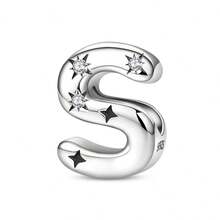 1 pieza Encanto de cuentas de la serie de iniciales estrelladas de estilo cielo estrellado celestial de plata de ley S925 de baja alergia, adecuado para pulsera original, fabricación de joyas DIY para mujeres, regalo de cumpleaños - Blanco - Ver 27