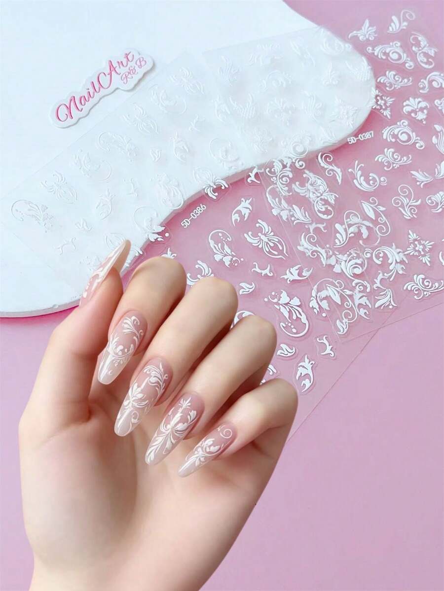 2 piezas de pegatinas para uñas con relieve 5D, uñas, decoración DIY, con patrones tridimensionales en relieve de flores, mariposas y hierba rizada estilo barroco retro blanco, adecuadas para crear arte de uñas estilo barroco, estilo palacio retro, minimalista de alta gama - Multicolor - Ver 1