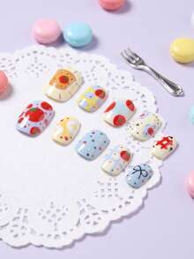 24pcs Cute Design Small Size Children's Press-On False Nail Stickers, Y2K Shiny Cute Patterns Including Toast Tomato, Fried Egg / Plaid / Bow Tie With Contrasting Colors, Rich Layers Without Clutter, Suitable For Spring/Summer, Picnic, Daily Casual Wear. Applicable To Children's Pre-Coated Glue Nail Stickers, Full Coverage Small Nail Tips, Suitable For Children Girls Gifts, Birthday Parties And Makeup Decoration - Multicolor - View 5