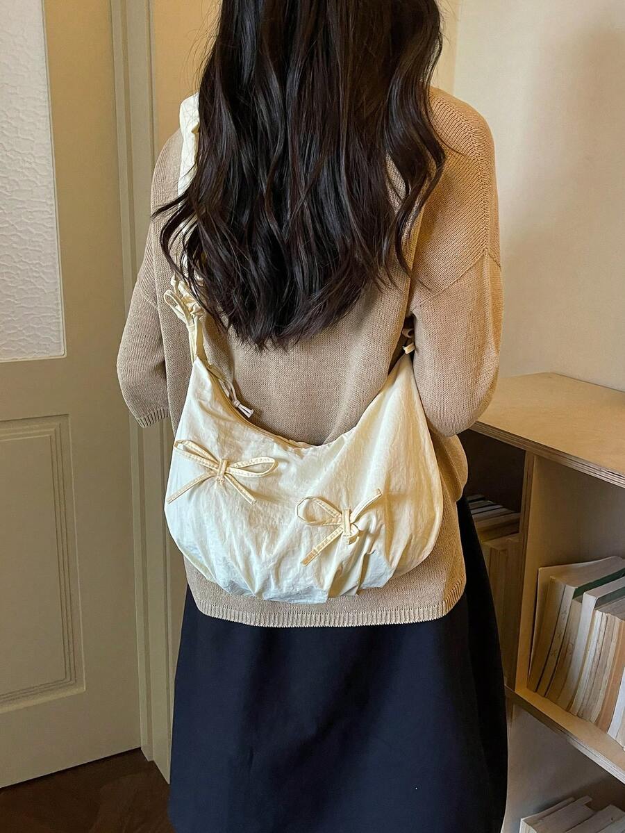 1件米色蝴蝶結尼龍布料百褶雲朵包,附拉鍊開口,女款單肩斜挎手提托特包,適合四季,年輕風格 - 米色 - 查看 1
