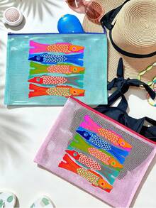 Waterproof Beach Makeup Bag, Colorful Fish Pattern, Ocean Theme Large Capacity Transparent Cosmetic Bag, Nylon Zipper, Lightweight Sun Protection Storage Bag, Portable Travel Organizer, Multi-Functional Storage Bag, Suitable For Swimming, Beach, Diving, Daily Use - Multicolor - View 6