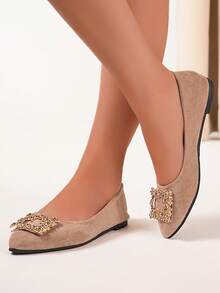 Runs Half Size Small, Women's Yellow Rhinestone Pointed Toe Almond Flat Shoes, Lightweight And Comfortable, Suitable For All Seasons - Apricot - View 7