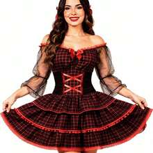 Women's Luxury Black Tulle Country-Style Dress For Adults - Checkered Corset With Puff Sleeves - 黑色和紅色 - 查看 1
