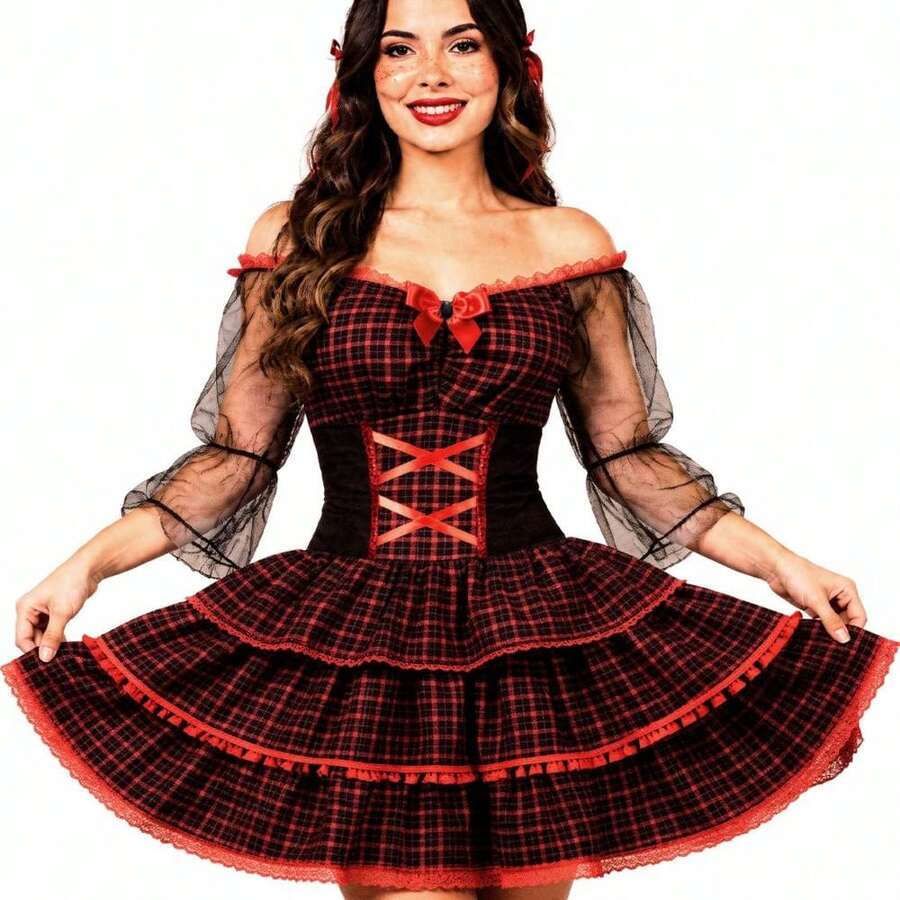 Women's Luxury Black Tulle Country-Style Dress For Adults - Checkered Corset With Puff Sleeves - 黑色和紅色 - 查看 1