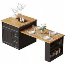 Extendable Kitchen Island (120-184 Cm) With Drawers And Casters, Mobile Island With Wood-Effect Top, Versatile Countertop For Kitchen, Dining Room And Bar, White - 黑色 - 查看 7