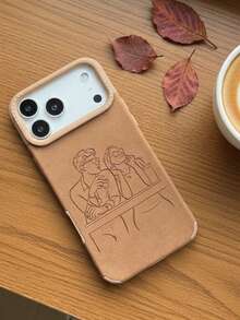 Customized Soft Leather Phone Case With Line Art Design, Compatible With IPhone 17/16/15/14/13/12/11 Pro Max And Plus Series, Lens Protection, Anti-Fall And Wear-Resistant, UV Printing Technology, Handwritten Brush Style, Perfect Gift For Birthday And Anniversary - Khaki - View 3