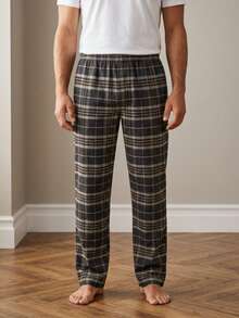 Men's Plaid Long Pants Casual Home Pants With Pockets Pajama Pants, Fun Design Comfortable, Suitable For Home Leisure, Bedtime Relaxation Or Relaxed Weekend Wear - Coffee Brown - View 1