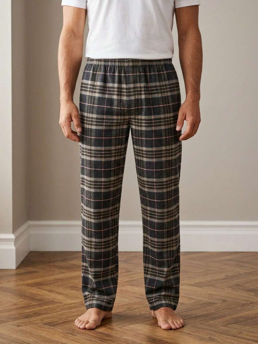 Men's Plaid Long Pants Casual Home Pants With Pockets Pajama Pants, Fun Design Comfortable, Suitable For Home Leisure, Bedtime Relaxation Or Relaxed Weekend Wear - Coffee Brown - View 1