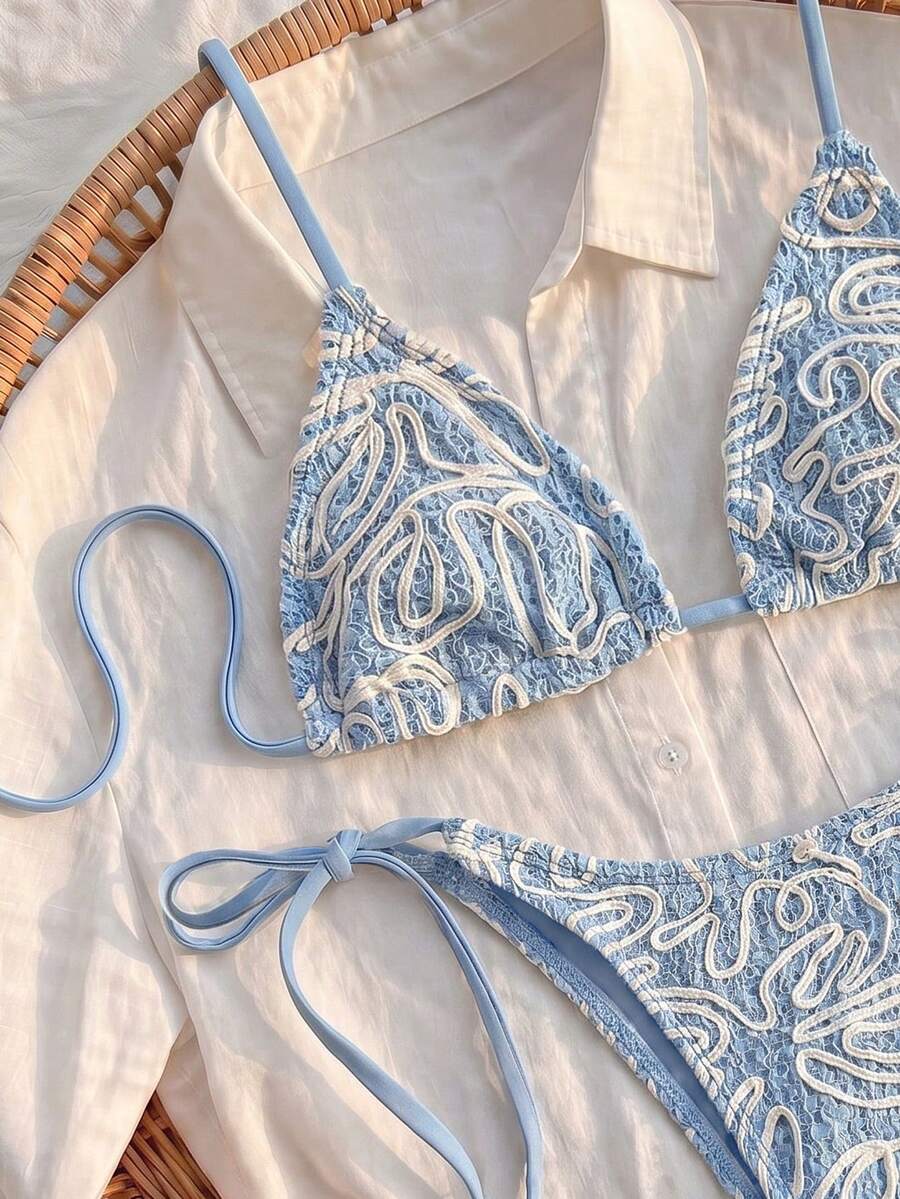 Bikinx 女士夏季时尚不对称条纹三角系带比基尼套装,适合度假海滩 - 霧霾藍 - 查看 1