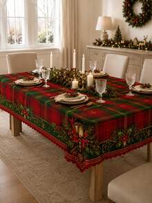 1pc Traditional Red & Green Plaid Holly Print Round Tablecloth, Suitable For Holiday Party Decor, Home Decor, Room Decor, Garden, Kitchen, Country Farmhouse Style Dining, Christmas Dinner And Family Celebration - Multicolor - View 6