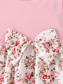 Girls Pink Floral Patchwork Dress With Bow Decor, Long Sleeve Baby Dress - Pink - View 6