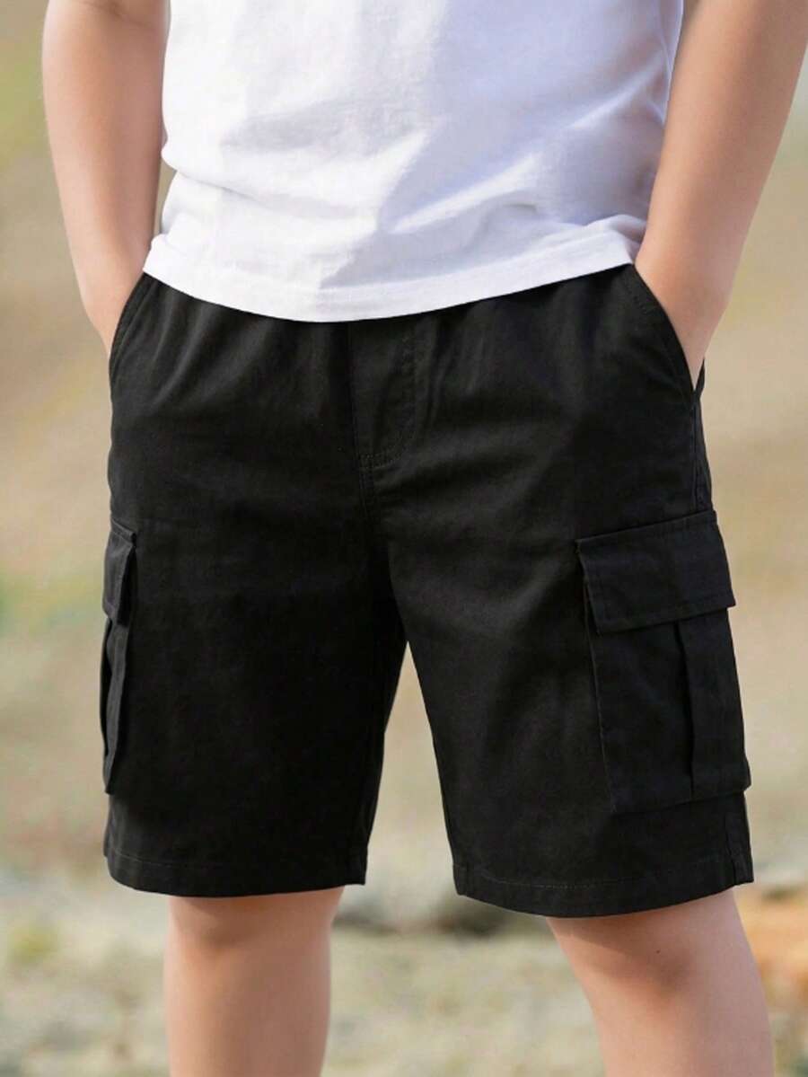 1 buah Celana Pendek Kargo Kasual Musim Panas untuk Anak Laki-laki Remaja dengan Kantong (Ukuran sebenarnya lebih kecil dari ukuran sebenarnya, disarankan memesan satu ukuran lebih besar berdasarkan gambar) - Hitam - View 1